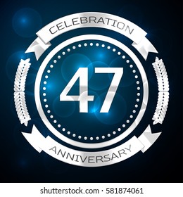 Forty seven years anniversary celebration with silver ring and ribbon on blue background. Vector illustration
