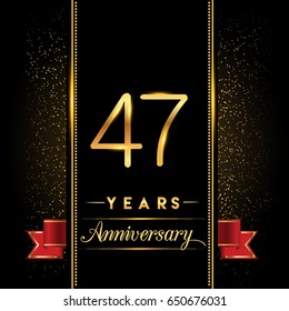 forty seven years anniversary celebration logotype. 47th anniversary logo with confetti golden colored and red ribbon isolated on black background, vector design for greeting card and invitation card