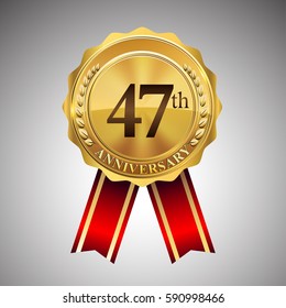 forty seven years anniversary logotype, with golden badge and red ribbon, vector elements for birthday celebration