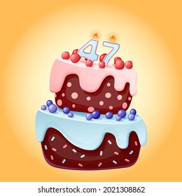 Forty seven years birthday cake with candles number 47 Cute cartoon festive vector image. Chocolate biscuit with berries, cherries and blueberries. Happy Birthday illustration