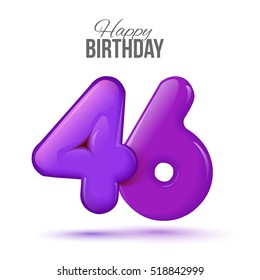 forty six birthday greeting card template with 3d shiny number forty six balloon on white background. Birthday party greeting, invitation card, banner with number 46 shaped balloon