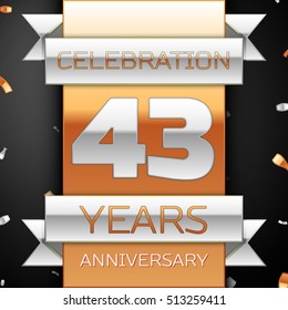 Forty three years anniversary celebration golden and silver background. Anniversary ribbon