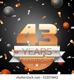 Forty three years anniversary celebration background with silver ribbon confetti and circles. Anniversary ribbon. Vector illustration.