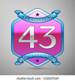 Forty three years anniversary celebration silver logo with blue ribbon and purple hexagonal ornament on grey background.