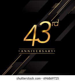 forty three years anniversary celebration logotype. 43rd anniversary logo golden colored isolated on black background, vector design for greeting card and invitation card.