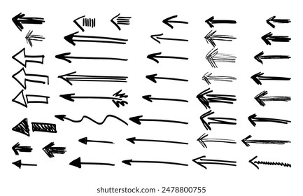 Forty two hand drawn arrows of different types, shapes and lengths. Doodles and squiggles. Vector set