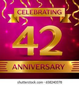 Forty two Years Anniversary Celebration Design. Confetti and golden ribbon on pink background. Colorful Vector template elements for your birthday party. Anniversary ribbon