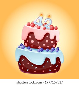 Forty two years birthday cake with candles number 42. Cute cartoon festive vector image. Chocolate biscuit with berries, cherries and blueberries. Happy Birthday illustration