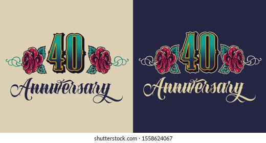 Forty years anniversary celebrating print with number and roses in vintage style isolated vector illustration