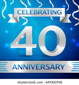 Forty Years Anniversary Celebration Design. Confetti and silver ribbon on blue background. Colorful Vector template elements for your birthday party. Anniversary ribbon