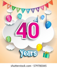 forty Years Birthday Design for greeting cards and poster, with clouds and gift box, balloons. using Paper Art Design Style. vector elements for anniversary celebration.
