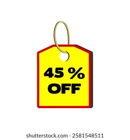 Forty-five percent discount coupon tag, 45% off, yellow with red border, black text, with beige cord on a white background