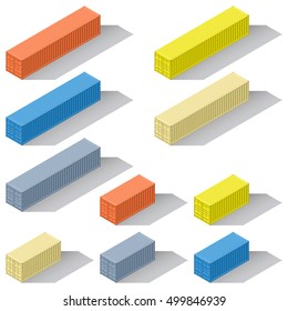 Forty-foot twenty-foot sea containers of different colors detailed isometric icons set vector graphic illustration design
