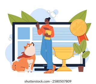Forum about animals. Woman with dog near computer screen and golden trophy. Social networks for owners. Domestic animals and pets. Veterinary platform. Flat vector illustration