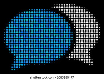 Forum chat halftone vector icon. Illustration style is dot iconic forum chat symbol on a black background. Halftone structure is build of spheric pixels.