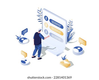 Forum concept 3d isometric web scene. People communicate online in forum, leave messages in group chat and have online conversation in community. Vector illustration in isometry graphic design