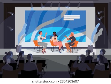 Forum and conference poster. Experts on stage in conference room discussing topics. Banner with event and participant speaker, screen with presentation and spectators. Cartoon flat vector illustration