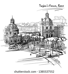 Forum of the Emperor Trajan in Rome, Italy. Engraving style sketch. Vintage design. Travel sketchbook drawing. EPS10 vector illustration.