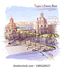 Forum of the Emperor Trajan in Rome, Italy. Painted sketch. Vintage design. Travel sketchbook drawing. EPS10 vector illustration.