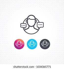 Forum icon. Help or support center. Vector man and speech bubble symbol of communication. Modern flat line icon for business, forum, support. Vector illustration