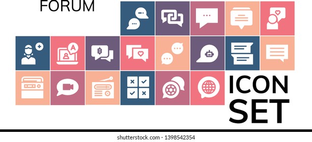 forum icon set. 19 filled forum icons.  Collection Of - Chat, Add user, Radio, Feedback, Speech