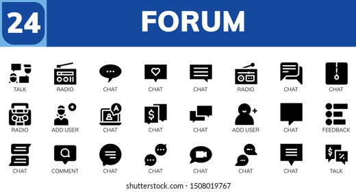 forum icon set. 24 filled forum icons.  Simple modern icons about  - Talk, Radio, Chat, Add user, Feedback, Comment
