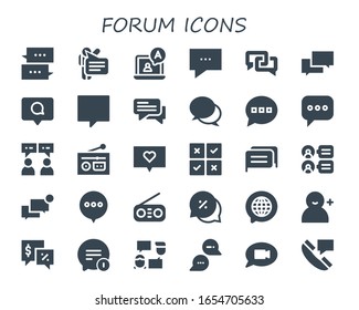 forum icon set. 30 filled forum icons. Included Chat, Speech, Comment, Radio, Feedback, Comments, Add user, Talk icons