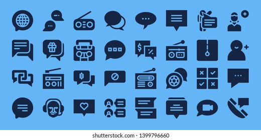 forum icon set. 32 filled forum icons. on blue background style Collection Of - Chat, Radio, Commentator, Comment, Comments, Talk, Speech, Feedback, Add user