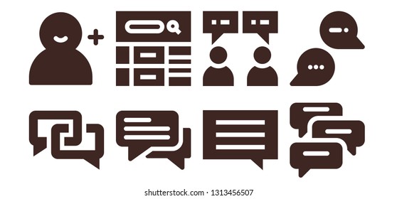 forum icon set. 8 filled forum icons.  Collection Of - Chat, Add user, Blog, Comments