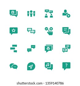forum icon set. Collection of 16 filled forum icons included Chat, Dialogue, Feedback, Add user