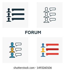 Forum icon set. Four elements in diferent styles from content icons collection. Creative forum icons filled, outline, colored and flat symbols.