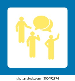 Forum icon. This flat rounded square button uses yellow and white colors and isolated on a blue background.