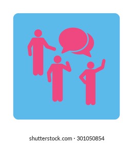 Forum icon. This flat rounded square button uses pink and blue colors and isolated on a white background.