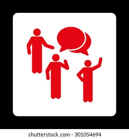 Forum icon. This flat rounded square button uses red and white colors and isolated on a black background.