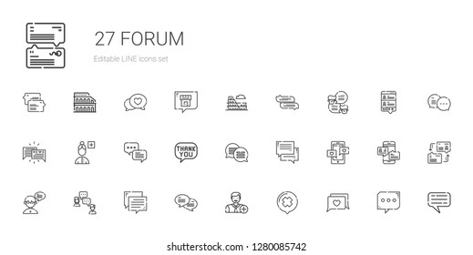 forum icons set. Collection of forum with chat, add user, speech bubble, colosseum, dialogue. Editable and scalable forum icons.