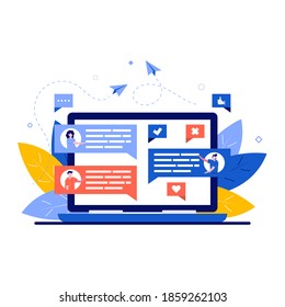 Forum, internet communication concept with character. Online chat service and group discussion platform. Modern flat illustration for landing page, web banner, infographics, hero images.