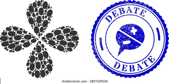 Forum message curl flower with four petals, and blue round DEBATE dirty stamp seal with icon inside. Element cluster designed from oriented forum message symbols. Vector flower collage in flat style.