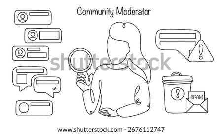 A forum moderator maintains order on the online platform by checking messages, deleting spam, warning rule violators, and maintaining a friendly atmosphere. Hand-drawn simple vector illustration.