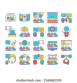 Forum People Meeting Collection Icons Set Vector. International And Business Online Forum, Public Debate And Hearing, Disputes And Vote, Concept Linear Pictograms. Contour Illustrations