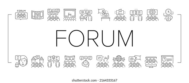 Forum People Meeting Collection Icons Set Vector. International And Business Online Forum, Public Debate And Hearing, Disputes And Vote, Black Contour Illustrations