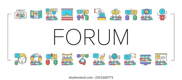 Forum People Meeting Collection Icons Set Vector. International And Business Online Forum, Public Debate And Hearing, Disputes And Vote, Concept Linear Pictograms. Contour Illustrations