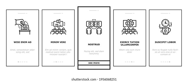 Forum People Meeting Onboarding Mobile App Page Screen Vector. International And Business Online Forum, Public Debate And Hearing, Disputes And Vote, Illustrations