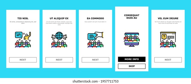 Forum People Meeting Onboarding Mobile App Page Screen Vector. International And Business Online Forum, Public Debate And Hearing, Disputes And Vote, Illustrations