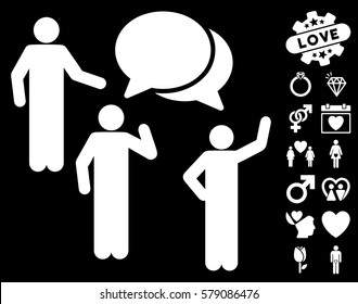 Forum pictograph with bonus love design elements. Vector illustration style is flat iconic white symbols on black background.