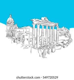 Forum Romanum, Rome, Blue Series, Hand-drawn Vector Artwork