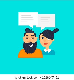 Forum, woman and man communicate. Flat design vector illustration.