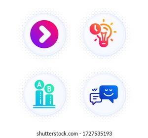 Forward, Ab testing and Time management icons simple set. Button with halftone dots. Happy emotion sign. Next direction, Test chart, Idea lightbulb. Web chat. Technology set. Vector