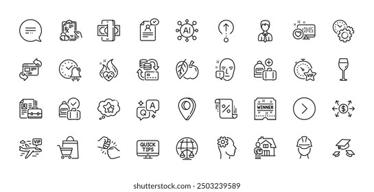 Forward, Add handbag and Wine glass line icons pack. AI, Question and Answer, Map pin icons. Resume document, Delivery man, Money change web icon. Vector