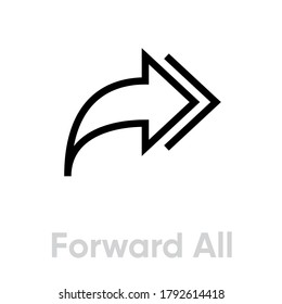 Forward All Linear Badge. Editable Vector Outline. Single Pictogram. Send To Everyone Sign. Flat Icon Double Arrow Pointing To The Right Isolated On White Background.