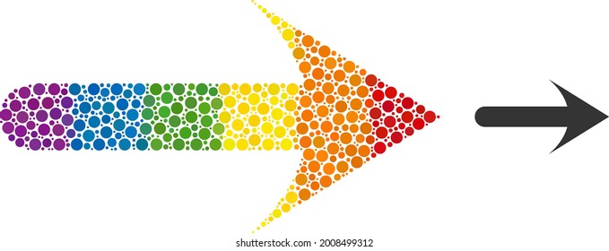 Forward arrow composition icon of filled circles in various sizes and spectrum color hues. A dotted LGBT-colored forward arrow for lesbians, gays, bisexuals, and transgenders.